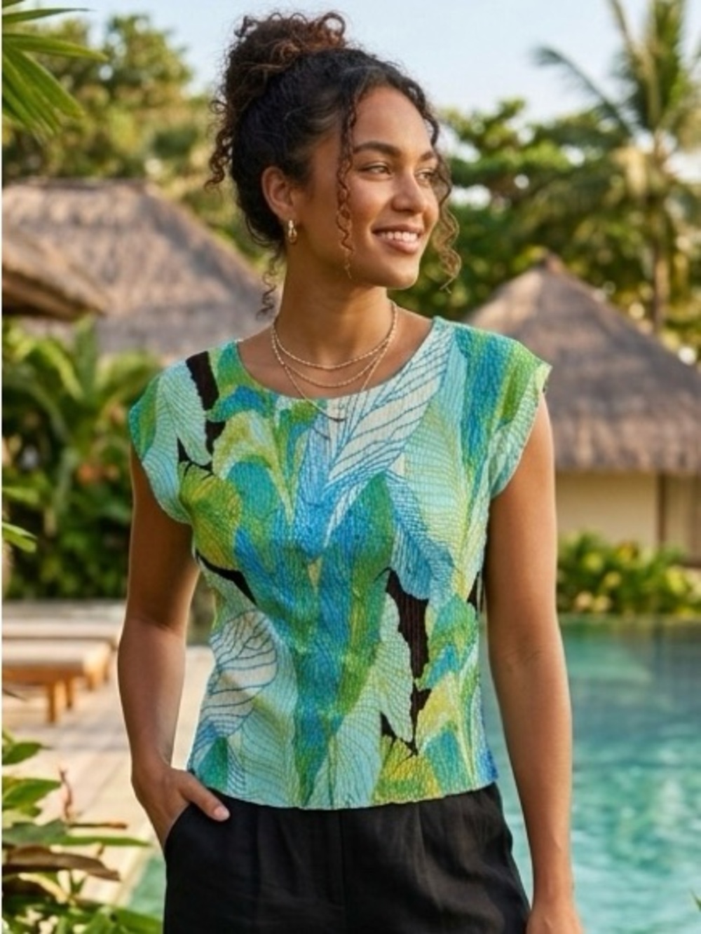 Y2K Vintage Alberto Makali Popcorn Top Tropical Sequins Resort Vacation Coastal